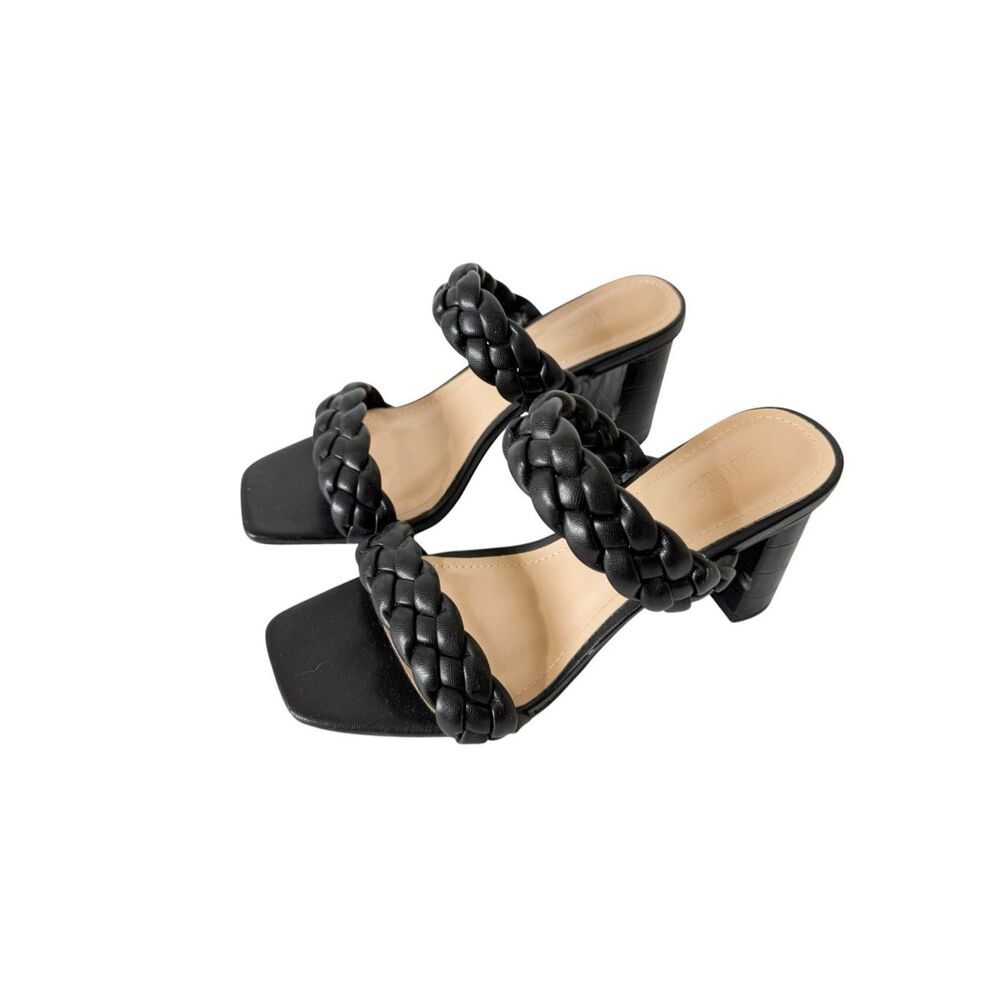 Dunes Women's Iris Black Faux Leather Braided Block Heel Sandals Size 8 Wide